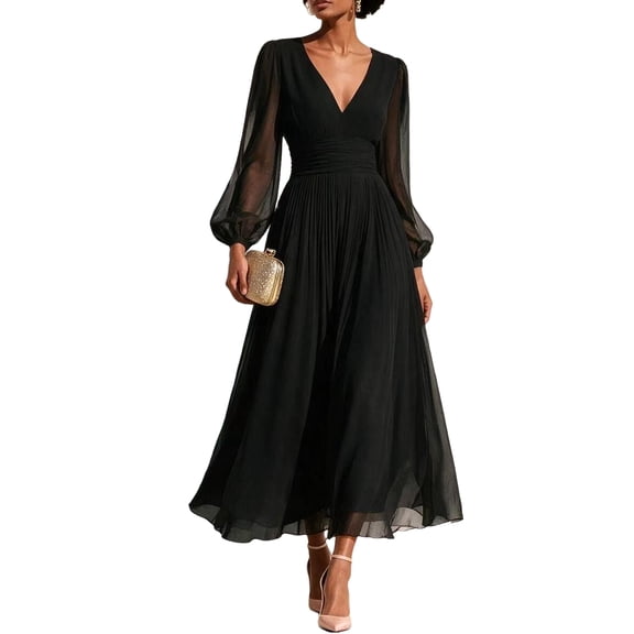 TOMVIGX Women's V Neck Long Sleeve Chiffon Midi Dress High Waist Ruched Pleated A Line Flowy Formal Dress Bridesmaid Wedding Guest Evening Party Cocktail Maxi Dress