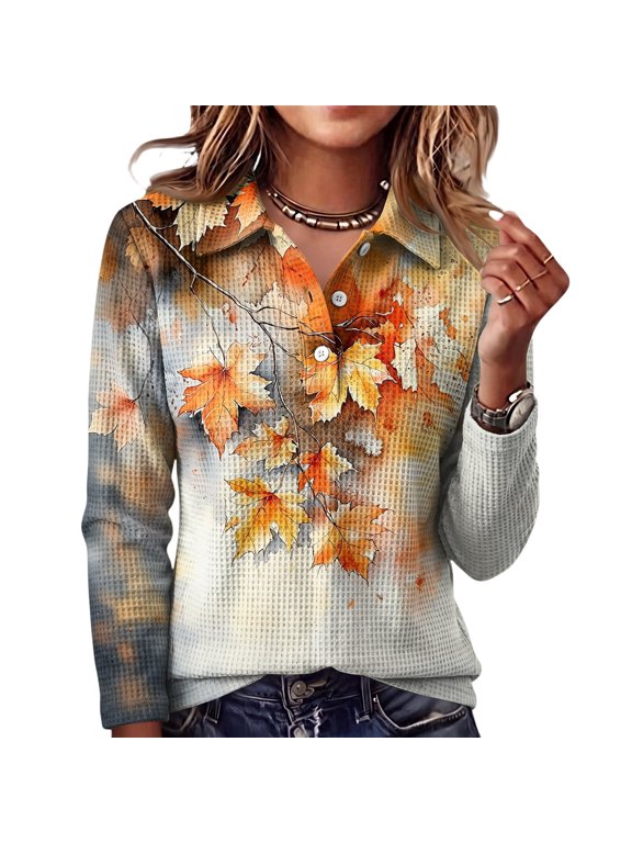 Women's Waffle Knit Long Sleeve Collared Tops Fall Maple Leaf Print Henley Button Down Shirts Lightweight Loose Fit Blouses Trendy Fall Outfits