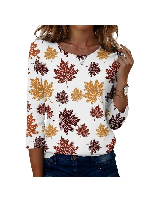 Womens 3/4 Sleeve Fall Maple Leaf Print T Shirt Round Neck Casual Loose Fit Autumn Thanksgiving Graphic Tops Ladies Fashion Blouses