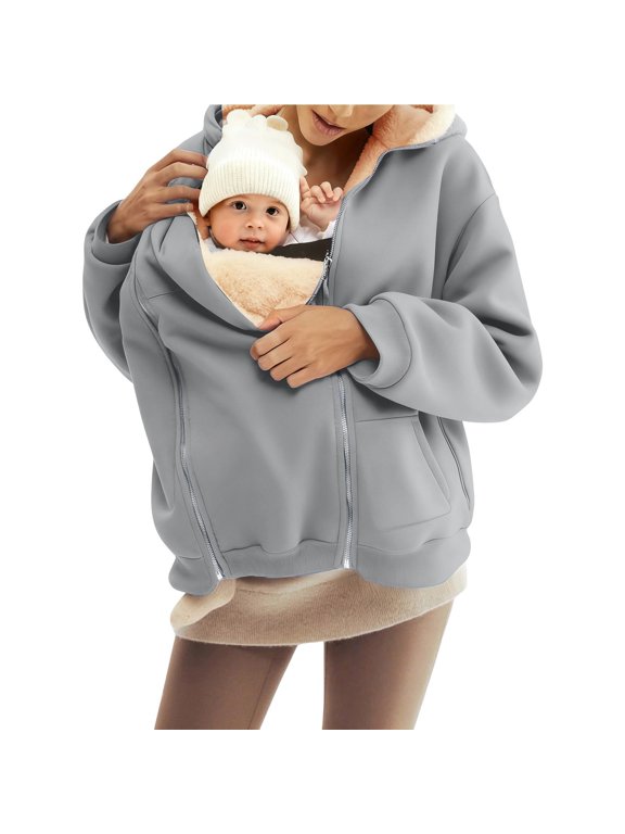 Womens Baby Carrier Hoodie Hands Free Babywearing Zip Hoodie Fall Oversized Maternity Sweatshirt Warm Thick Parent Child Sweater Postpartum Outfits for Women with Kangaroo Pocket