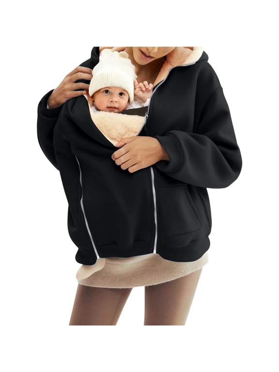Womens Baby Carrier Hoodie Hands Free Babywearing Zipper Hoodie Fall Maternity Oversized Sweatshirt Warm Thick Newborn Carrying Pouch Fleece Jacket Postpartum Outfits for Women