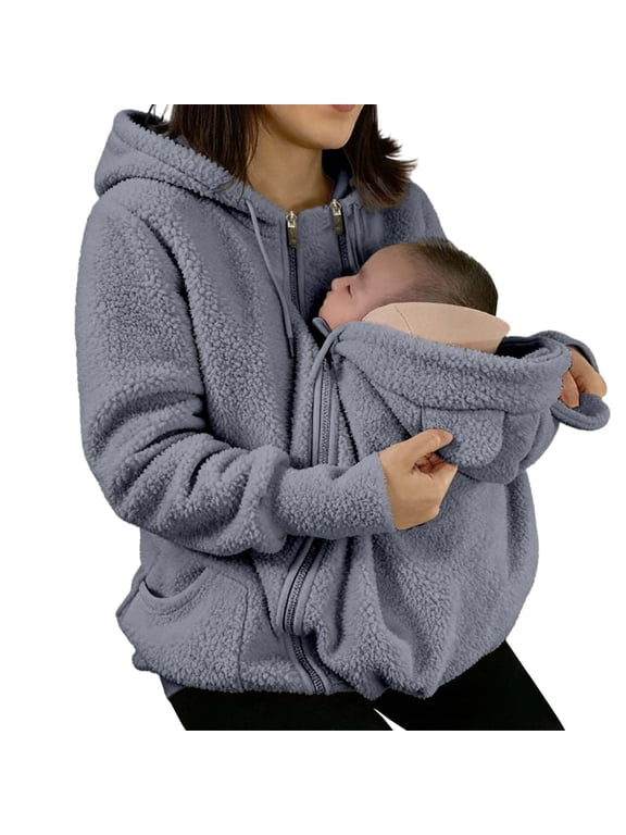 Womens Baby Carrier Hoodie Multifunctional Zipper Hoodie Maternity Oversized Sweatshirt Newborn Carrying Pouch Fleece Winter Coat 3 in 1 Pregnancy Outwear for Mom and Baby