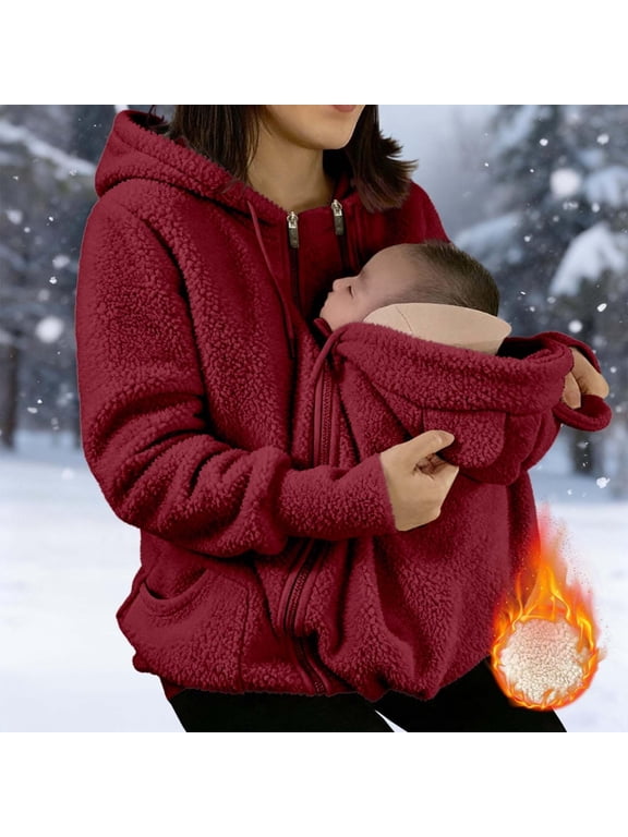 Womens Baby Carrier Hoodies Multifunctional Zip Hoodies Oversized Maternity Sweatshirt Newborn Carrying Pouch Winter Fleece Jacket 3 in 1 Pregnancy Outwear for Mom and Baby