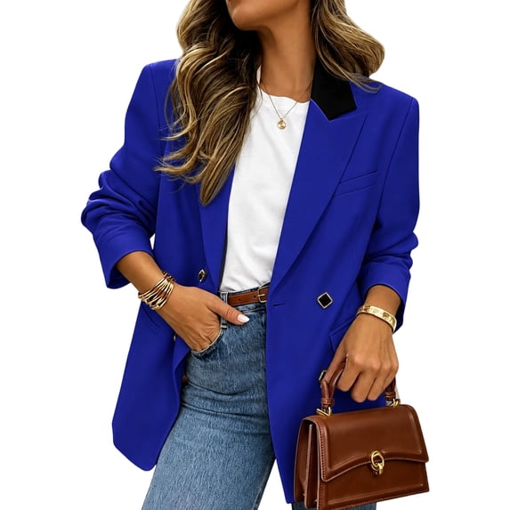 TOMVIGX Womens Blazers Stretchy Lapel Casual Blazer Long Sleeve Work Office Suit Jacket Loose Fit Fall Business Casual Outfits for Women with Pocket Blue L