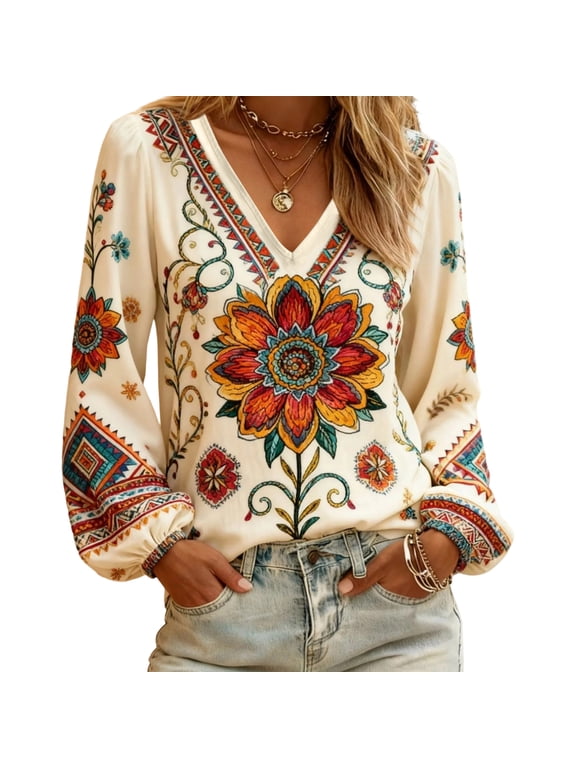 Womens Boho Tops Bohemian Floral Print V Neck Blouses Ethnic Geometric Vintage Lantern Long Sleeve Shirts Dressy Casual Loose Fit Fall Tunics