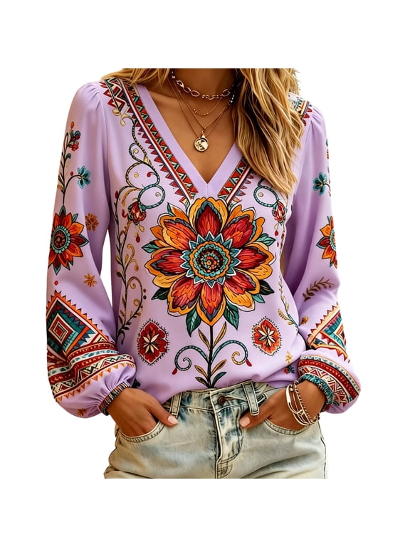 Womens Boho Tops Floral Print V Neck Bohemian Blouses Ethnic Geometric Vintage Lantern Long Sleeve Shirts Loose Fit Dressy Casual Fall Tunics