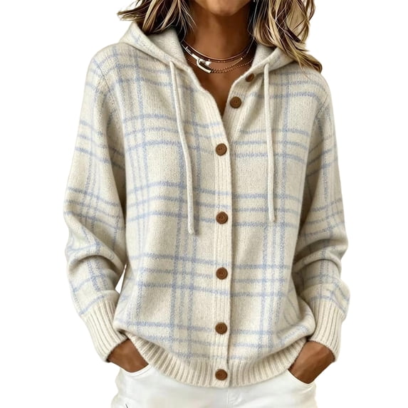 TOMVIGX Womens Cardigan Sweaters Button Down Hooded Knit Sweater Buffalo Check Oversized Hoodies Loose Fit Trendy Long Sleeve Tops Casual Fall Outfits White L