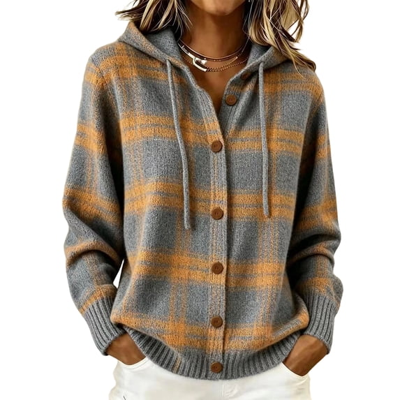 TOMVIGX Womens Cardigan Sweaters Button Down Hooded Knit Sweater Plaid Oversized Hoodies Loose Fit Trendy Long Sleeve Tops Casual Fall Casual Outfits Gray 2XL
