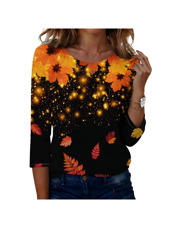 Womens Fall Tops Autumn Maple Leaf Print 3/4 Sleeve Blouse Seasonal Harvest Crewneck Graphic T Shirts Pumpkin Patch Thanksgiving Outfits