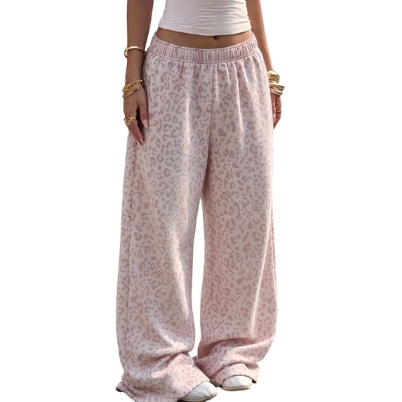 TOMVIGX Womens Leopard Pants Floor Length Casual Wide Leg Sweatpants Drawstring Elastic Waist Relaxed Baggy Pants Trendy Loose Streetwear Trousers S