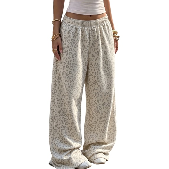 TOMVIGX Womens Leopard Pants Floor Length Lightweight Wide Leg Sweatpants Drawstring Elastic Waist Relaxed Baggy Pants Casual Trendy Streetwear Trousers L