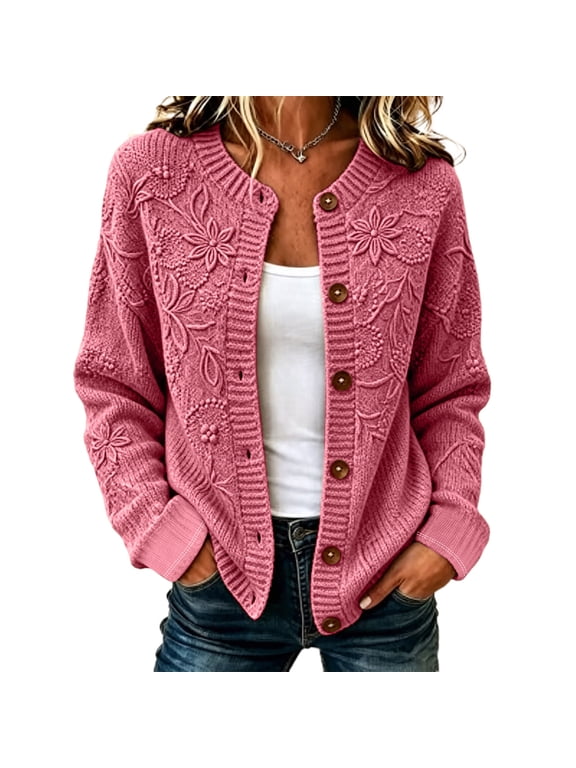 Womens Long Sleeve Knit Cardigan Button Front Sweater Jacket Textured Floral Pattern Ribbed Trim Casual Outerwear