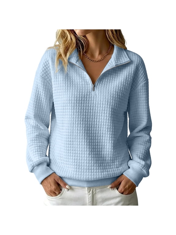 Womens Quarter Zip Pullover Casual Fall Long Sleeve Waffle Knit Tops Collared Cozy Lightweight Pullover Sweater Shirts