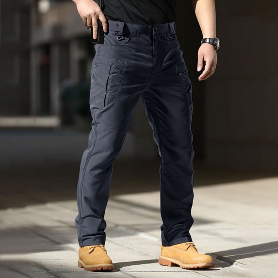 TOMVIGX Work Pants for Men Relaxed Fit Ripstop Elastic Waist Hiking Pants Lightweight Stretch Water Resistant Cargo Jeans Hunting Flex Blue Pants with Multiple Pockets 3XL