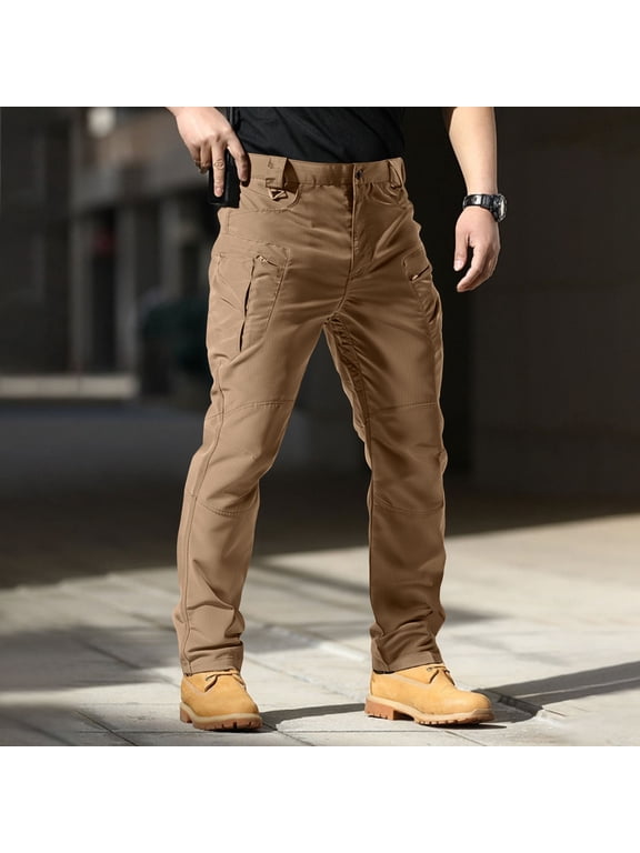 Work Pants for Men Relaxed Fit Ripstop Elastic Waist Hiking Pants Lightweight Stretch Water Resistant Cargo Jeans Hunting Loose Fit Brown Pants with Multiple Pockets L