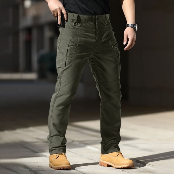 TOMVIGX Work Pants for Men Relaxed Fit Ripstop Elastic Waist Hiking Pants Lightweight Stretch Water Resistant Cargo Jeans Hunting Slim Fit Army Green Pants with Pockets L