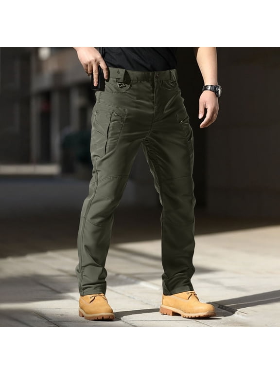 Work Pants for Men Relaxed Fit Ripstop Elastic Waist Hiking Pants Lightweight Stretch Water Resistant Cargo Jeans Hunting Slim Fit Army Green Pants with Pockets L