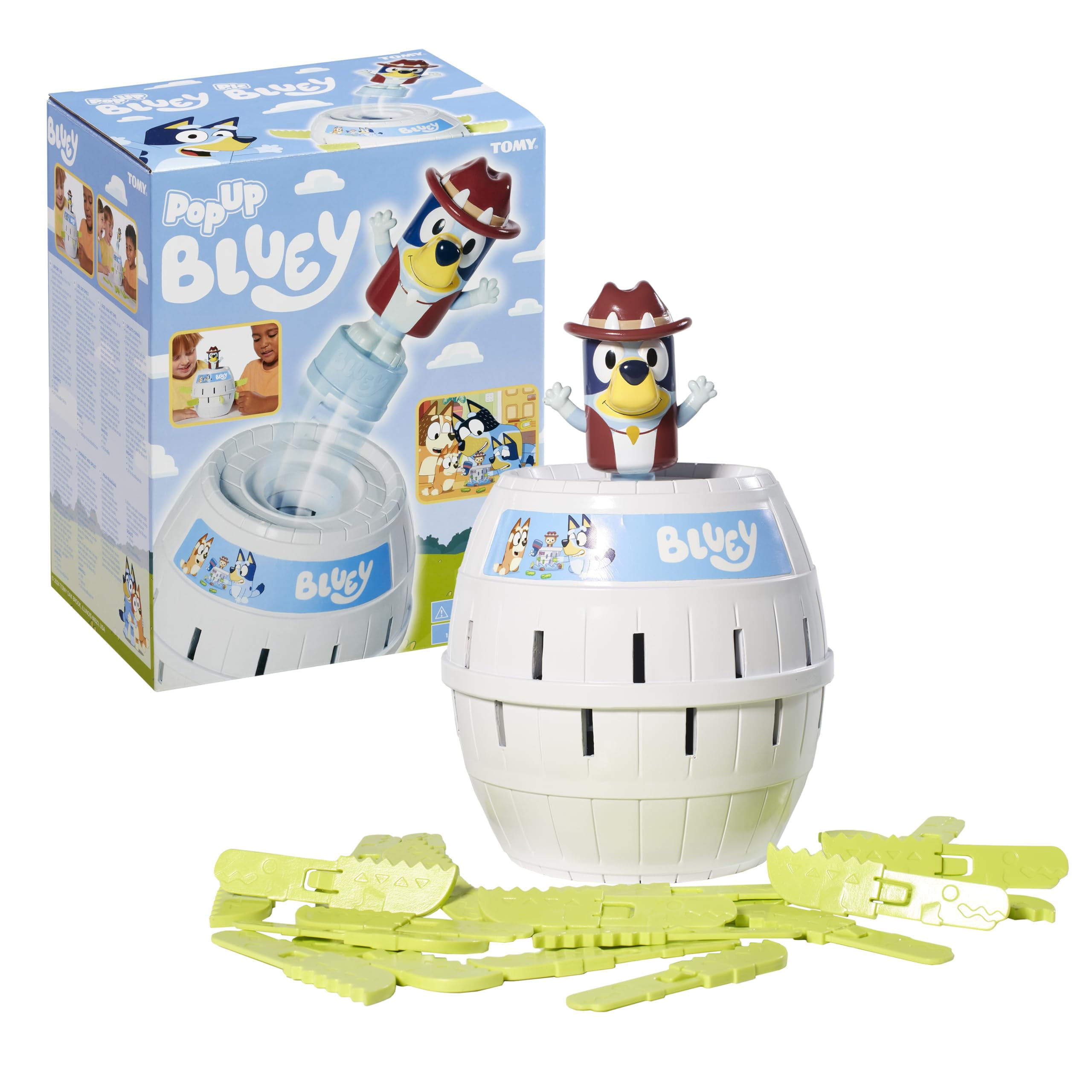 Pop Up Bluey Family Game with Barrel and Crocodile Sticks