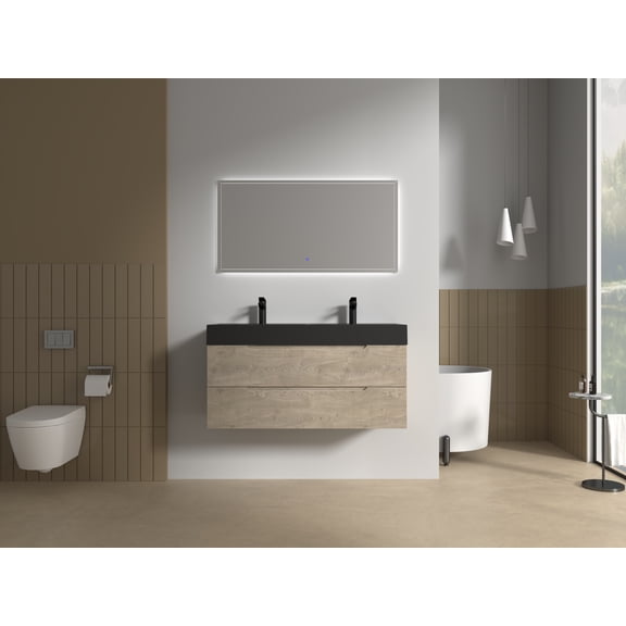 TONA 48 Inch Double Sink Floating Bathroom Vanity with Black Resin Stone Top, Wall Mounted Cabinet with U-Shaped Drawer Storage for Bathroom Remodel