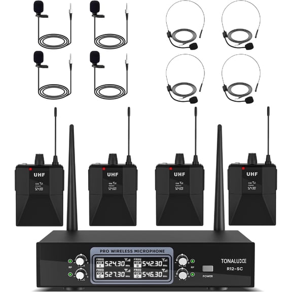 TONALUXE 4 Channel Wireless Lapel Microphone System with 4 Headset Mics, 4 Lavalier Mics, UHF Metal Receiver, 4 Bodypacks, Independent Volume Control, 262ft Range for Home, Classroom, Church, Events
