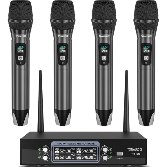 TONALUXE Wireless Microphone System, 4-Channel Handheld Wireless Mic, 262ft Range, 40Hour Battery, UHF Karaoke Mic Set for Karaoke, Home Party, Classroom, Church, Wedding, Events, DJ