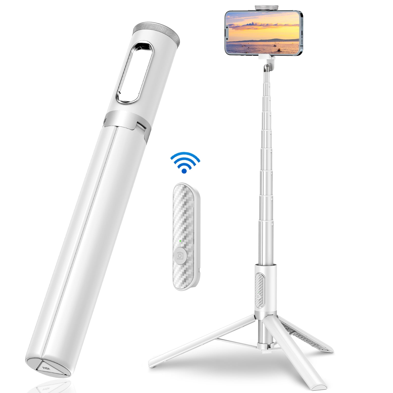 TONEOF 60in White Phone Tripod Selfie Stick, All-in-1 Stand with Integrated Wireless Remote, Lightweight and Portable, Extendable Tripod for 4-7 Inch
