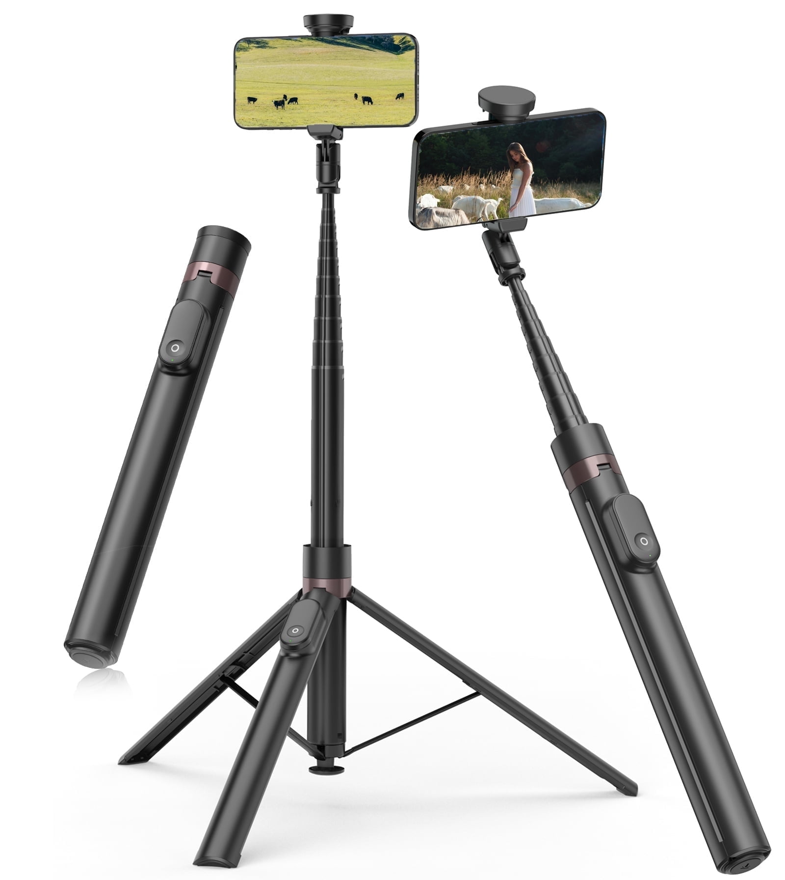 TONEOF 66" Phone Selfie Stick Tripod Stand Automatic Open with Magnetic Remote, Travel Video Tripod 360°Rotatable for iPhone/Android(Black)