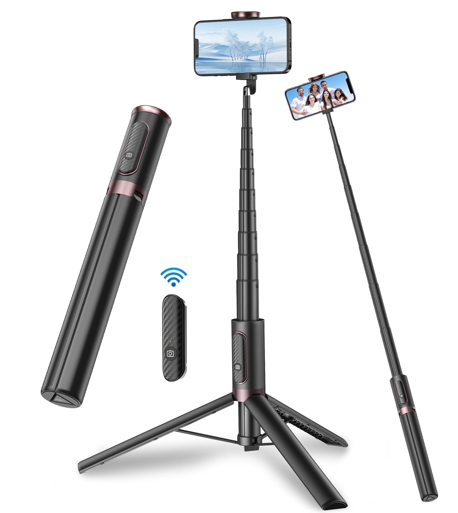 TONEOF 67" Phone Selfie Stick Tripod Stand All-in-1Portable with Integrated Wireless Remote for iPhone/Android(Black)