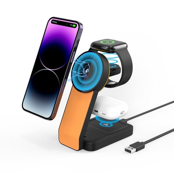 TONEOF Wireless Charger Magnetic 3 in 1 Fast Charging Station with Type-C, Compatible with iPhone 16/15/14/13/12/AirPods Series /Apple Watch(Black Orange)