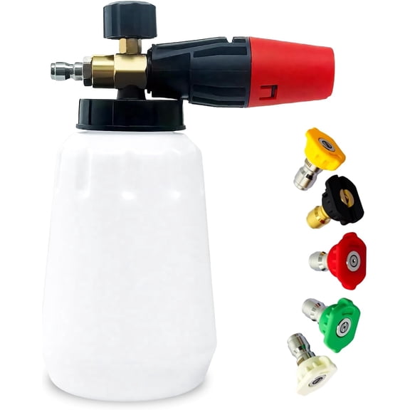 TONGAO Adjustable Foam Cannon, 1/4" Quick Connect, 1L (34 oz) Bottle, 5 Spray Nozzle Tips for Car Wash