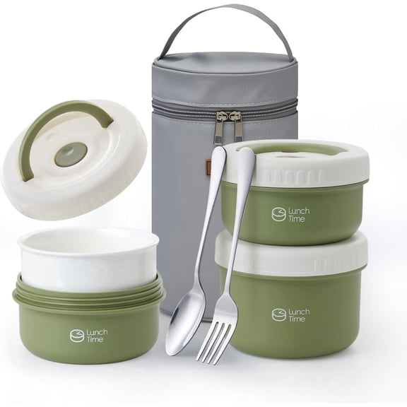 TONGAO Bento Box Adult Lunch Box Set, 3 Pcs Ceramic Lunch Containers, 14 oz + 14 oz + 21 oz, with Insulated Bag, Leak-Proof, Microwave Safe, Green