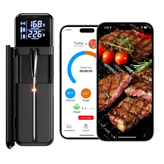 TONGAO Digital Cooking Thermometer, Dual Sensors, Ceramic Probe, App Control, For Kitchen Air Fryer, Black
