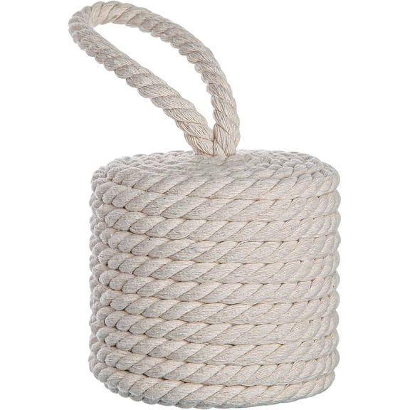 TONGAO 3.5lb Cotton Rope Door Stopper, Heavy Duty Cylindrical Weighted Stop with Handle for Interior/Exterior/Sliding Doors, White