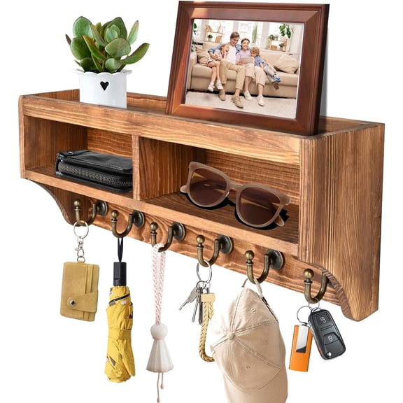 TONGAO Wall Mount Key Holder & Mail Organizer, Farmhouse Shelf with 6 Hooks & Storage Box for Entryway, Sunglasses, Leash