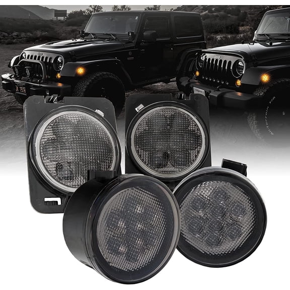 TONGAO TRUE MODS Front LED Turn Signal & Side Marker Light for 2007-2018 Jeep Wrangler JK/JKU, Smoked Lens, Amber, Replacement Kit