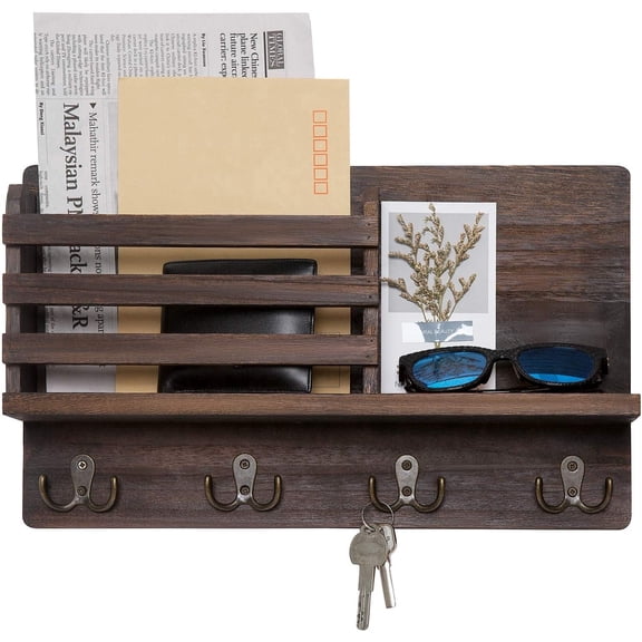 TONGAO Wall Mounted Mail & Key Holder, Wooden Shelf Rack with 4 Double Hooks, Rustic Farmhouse Decor for Entryway, Brown, 15.7"x9.3"x3.2"