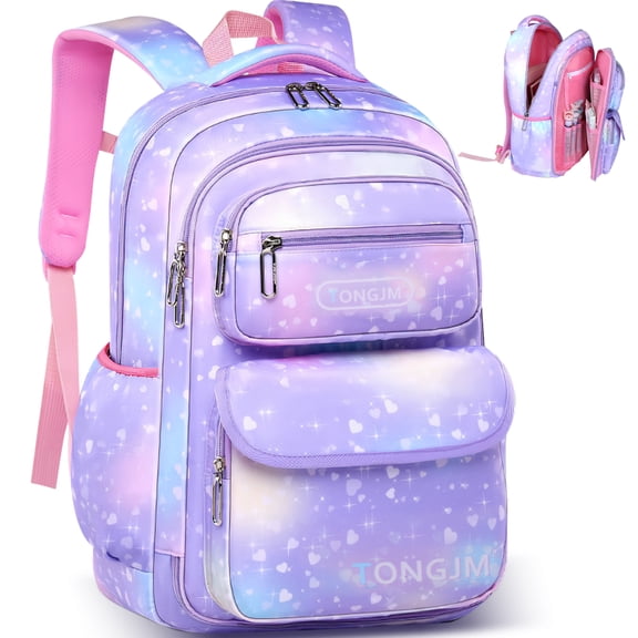 TONGJM Girls School Backpack, Cute Purple Gradient Bookbag Multi Pockets 180 Degree Wide Opening, Purple