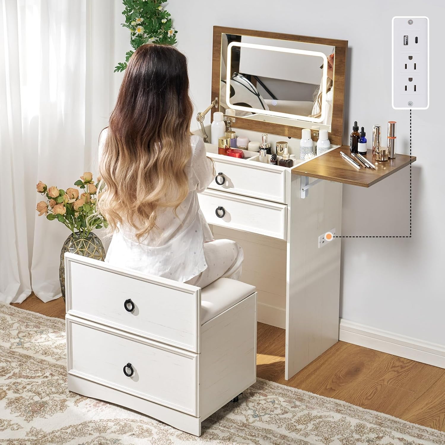 TONGW 3-in-1 Makeup Vanity with Sliding Stool, Fold-up Panel, Divided ...