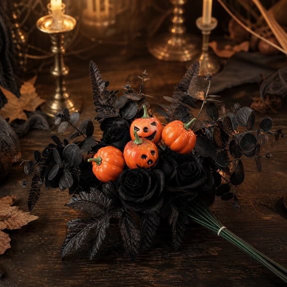 TONGYIJIA Artificial Flower Bouquet, Halloween Ghost Face Pumpkin with Black Roses and Maple Leaves for Spooky Table Centerpiece, Home Porch Fall Decor