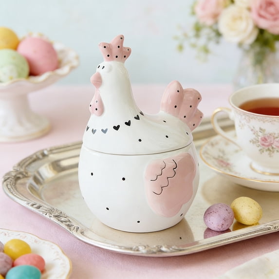 TONGYIJIA Ceramic Storage Jar, Chicken Shaped Canister with Gold Emboss, Easter Decor Jar, Novelty Kitchen Container for Candy Cookie