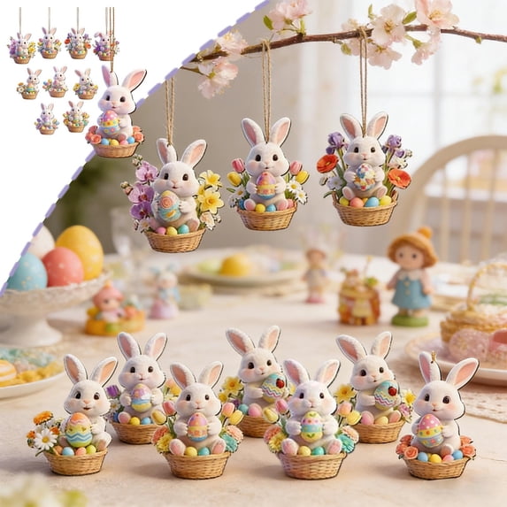 TONGYIJIA Easter Egg Hanging Ornaments, 10Pcs Cute Bunny Flat Wood Pendant, 2D Car Rearview Mirror Backpack Charm Decoration for Spring Easter Party Supply