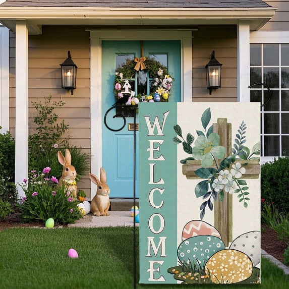 TONGYIJIA Easter Garden Flag, 12x18 Inch Linen Outdoor Decor, Spring Bunny Courtyard Decoration for Yard Porch, Holiday Seasonal Banner