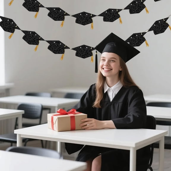 TONGYIJIA Graduation Banner Garland, Double Layer Mortarboard Glitter Decoration Hanging Banner Party Decor for Grad Ceremony Photo Backdrop Supplies