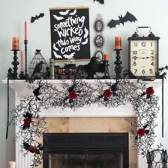 TONGYIJIA Withered Rose Wreath, Black Decorative Rattan Door Hanging 71in Realistic Rose Vine for Halloween Thanksgiving Holiday Wall Decor