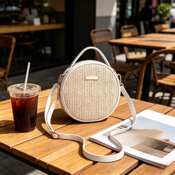 TONGYIJIA Woven Handbag, Round Crossbody Bag, Straw Circle Purse, Boho Shoulder Bag, Textured Tote, Small Summer Bag for Travel Beach