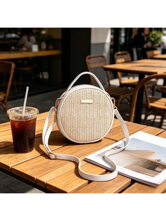 Woven Handbag, Round Crossbody Bag, Straw Circle Purse, Boho Shoulder Bag, Textured Tote, Small Summer Bag for Travel Beach