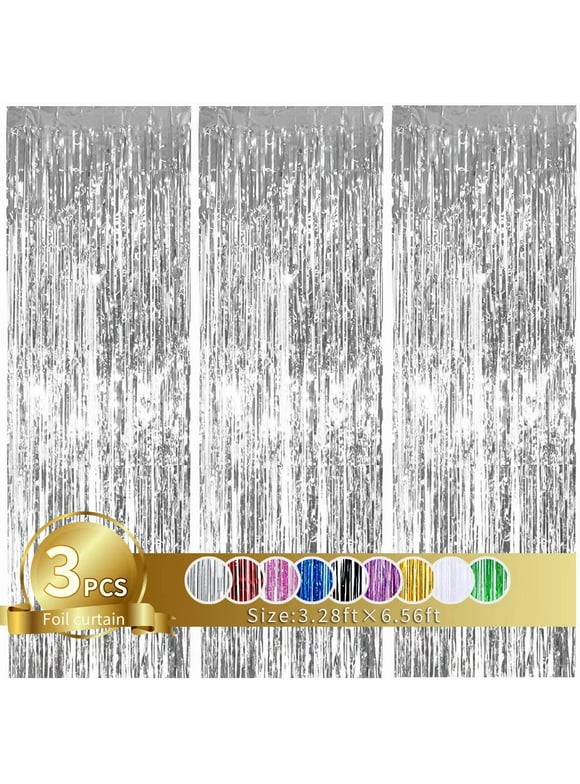 TONIFUL 3Pcs Silver Metallic Tinsel Foil Fringe Curtains,3.28ft x 6.56ft Silver Photo Booth Backdrop Streamer Curtain Ideal for Bachelorette,Birthday,Christmas,New Year Party Decorations