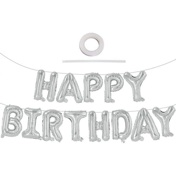 TONIFUL Silver Happy Birthday Balloons Banner, 16 inch Mylar Foil Letters Reusable Birthday Sign Banner Bunting for Girls Boys Kids & Adults Birthday Decorations Party Supplies