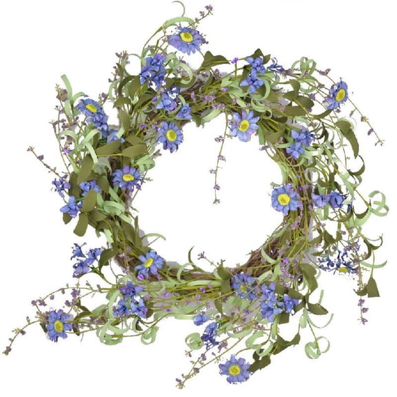 TONKBEEY 20 Inch Artificial Flower Wreath Beautiful Silk Spring Wreath for The Front Door, Home Decor Weddings,Purple florets, Purple Blue Daisy with Green Leaves