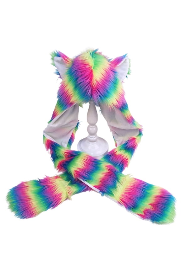 3 In 1 Hooded Scarf Hat Gloves Set Rainbow Ears Plush Earflap Cap Pocket Mittens